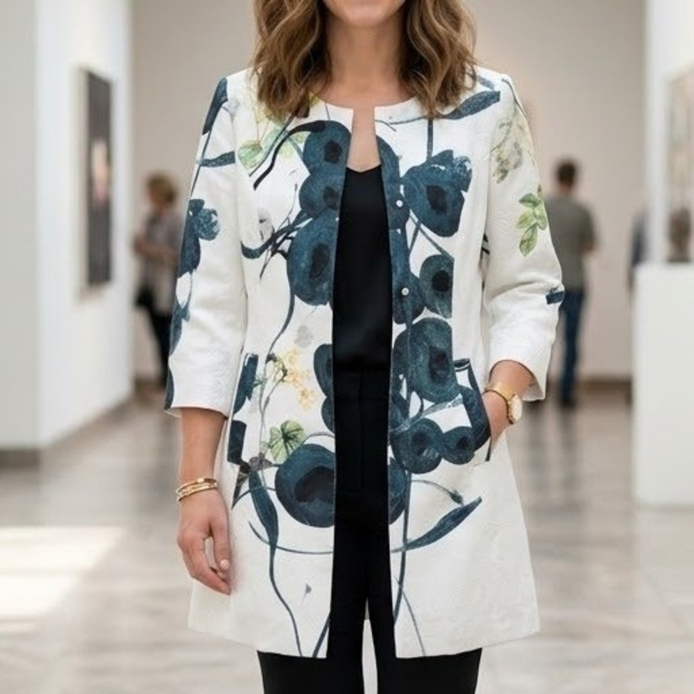 Luii Floral Jacquard Novelty Jacket White Teal Open Front Medium NWT